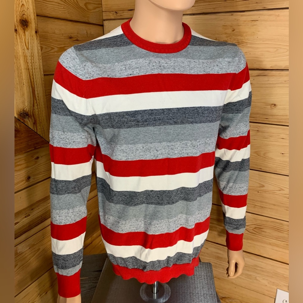 Cotton‎ Red White Grey Striped Crewneck Sweater Mens Large